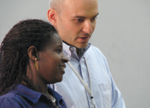 miriam-and-gideon-pactajwn Miriam, an Ethiopian-Israeli, related her modern exodus story, as Gideon Herscher translated from Hebrew to English. (Photo: Mordecai Specktor)