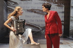 Valeri Mudek (left) portrays a popular American entertainer and Kate Eifrig is Geraldine, Queen of Albania, in Flip Flop Fly! The playlet is part of Tiny Kushner: An Evening of Short Plays, by Tony Kushner, in the Dowling Studio at the Guthrie Theater. (Photo: Michal Daniel)