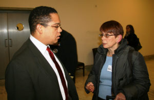 Mari Forbush (right) speaks with U.S. Rep. Keith Ellison on Feb. 4 in Washington, D.C. Forbush was one of three people from Minnesota who lobbied Congress in support of increased Medicaid funding to states, which was part of President Barack Obama’s economic stimulus plan. (Photo: Courtesy of Ethan Roberts)