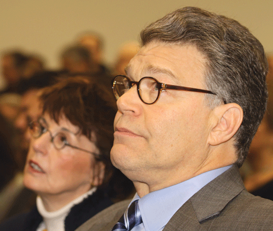 The Minnesota Supreme Court ruled for Al Franken today, in the long-running Minnesota Senate race. Franken is shown with his wife, Franni, at a Jan. 11 rally in support of Israel at the Sabes JCC in St. Louis Park. (Photo: Mordecai Specktor)