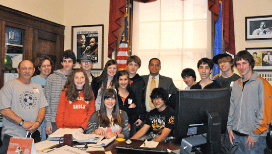 Eighth grade students from the Talmud Torah of St. Paul visited with U.S. Rep. Keith Ellison in his office in Washington, D.C., in May. The annual eighth grade trip to Washington also included a visit to Save Darfur, where the students delivered a check for more than $2,200 that was raised at their “Night for Darfur” in April. (Photo: Courtesy of the Talmud Torah of St. Paul)