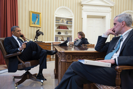 President Obama in the Oval Office receiving an update from FBI Director Robert Mueller on the explosions at the Boston Marathon on April 15. With the president are Lisa Monaco, assistant to the president for homeland security and counterterrorism, and Chief of Staff Denis McDonough. (Official White House Photo by Pete Souza)