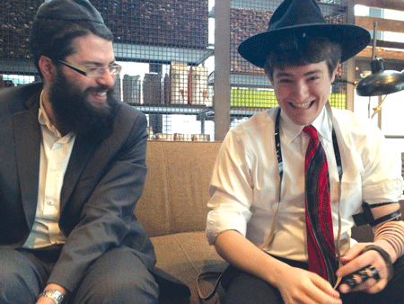 Two Jewish Portlanders enjoying their trip to a local Starbucks. (Photo: Gil Shefler / JTA)