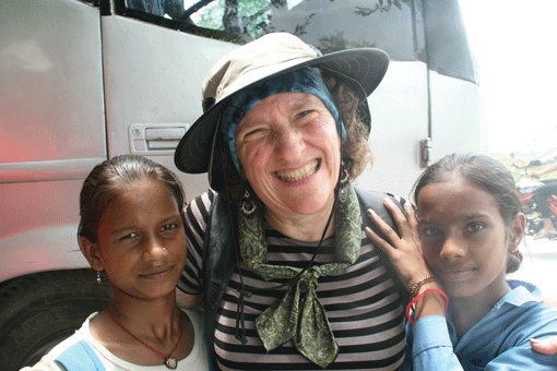 Rabbi Amy Eilberg, of St. Paul, is pictured with Raika and Goldie in the tiny rural village of Bikharipurwa in India’s poorest state. (Photo: Courtesy of Rabbi Amy Eilberg)