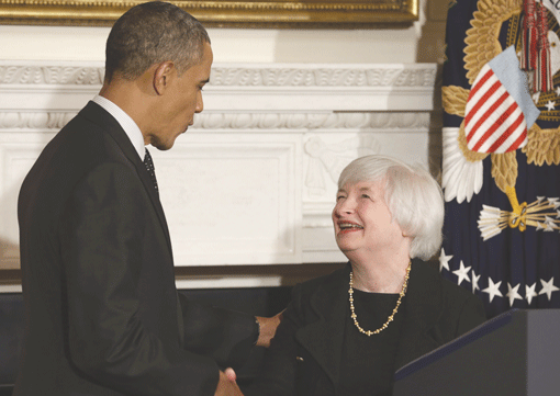Chip Somodevilla/Getty Images President Obama congratulates Janet Yellen after nominating her to head the Federal Reserve on Oct. 9.