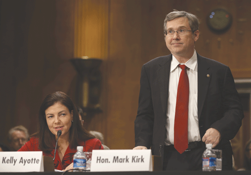 Sen. Mark Kirk, shown with Sen. Kelly Ayotte testifying before a Senate committee on Nov. 5, has been a leader in pushing for Iran sanctions. Photo: Mark Wilson/Getty Images.