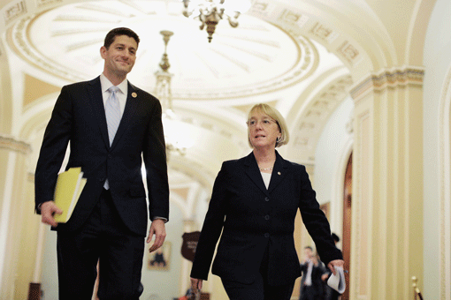The House Budget Committee chair, Rep. Paul Rya, and the Senate Budget Committee chair, Sen. Patty Murray, walk past the Senate chamber on Dec. 10 on their way  to a press conference to announce a bipartisan budget deal. Photo: T.J. Kirkpatrick/Getty Images.