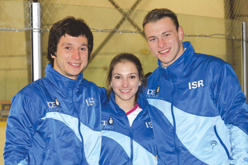 Israel’s Sochi-bound figure skaters who train in New Jersey are (l to r): Alexei Bychenko, Andrea Davidovich and Evgeni Krasnapolsky. (Photo: Hillel Kuttler)