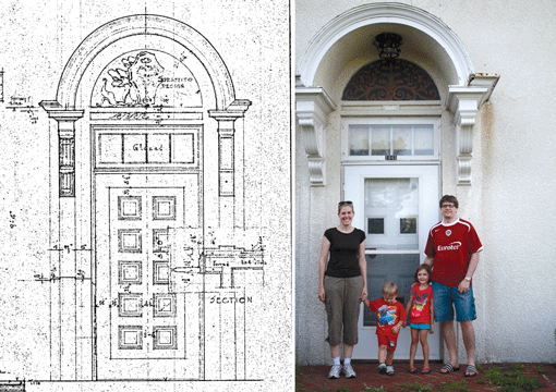 Pier and her family — husband Brent Pier, and children Maeryn and Lucian — are pictured at the front entry of their North Side home, almost exactly as it appeared in the original plans from 1921. (Photo: Courtesy of Alissa Pier)