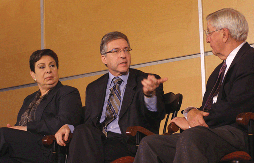 Yossi Beilin (center) appeared at a Macalester College forum on Mideast peacemaking, in Sept. 2007. Joining Beilin were Palestinian Authority spokesperson Hanan Ashrawi (left) and former Vice President Walter Mondale.