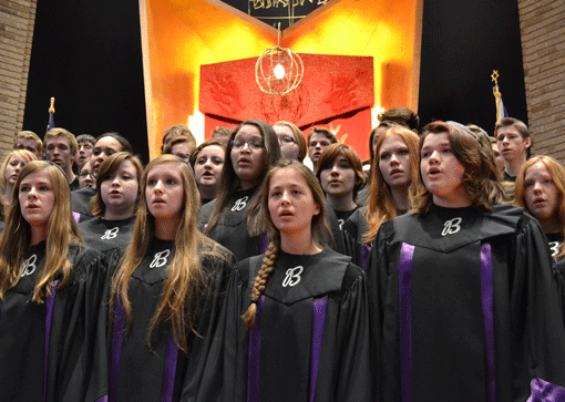 The Buffalo High School Choir, conducted by Michael Walsh and accompanied by pianist Jill Starr, sang "Ani Ma'amin" and "Lullaby, Song for the Lost Children." 
