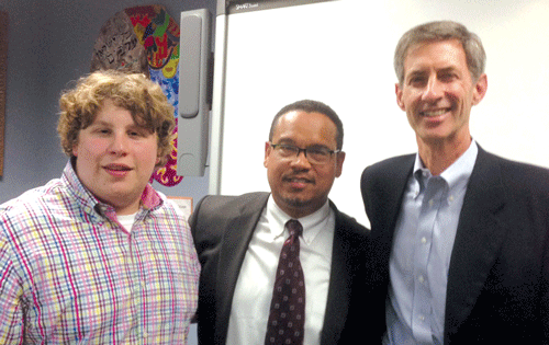 As part of his advocacy project for the Israel Leadership Fellows Program, Jack Bass (left) invited U.S. Rep. Keith Ellison (center) to speak about his positions on Israel. Also pictured is Bass’ mentor in the program, Bob Ketroser.