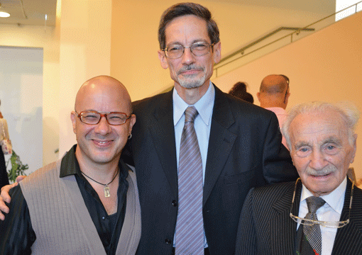 Rabbi Marc Liebhaber (right) met with musician and social activist Kobi Oz (left), a recipient of the 2013 Liebhaber Prize for the Promotion of Religious Tolerance in Israel; and Prof. David Golinkin, president of the Schechter Institute of Jewish Studies, prior to the awards ceremony on the Schechter Institute’s new Jerusalem campus, June 23, 2013. Dov Elbaum, a journalist and host of the TV talk show Welcoming the Shabbat, also received the Liebhaber Prize last year. (Photo: Mordecai Specktor)