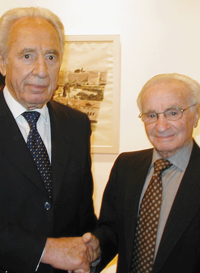 Shimon Peres (left), the former Israeli prime minister, meets Rabbi Marc Liebhaber, at a reception prior to the 2003 Liebhaber Prize awards ceremony in Jerusalem.