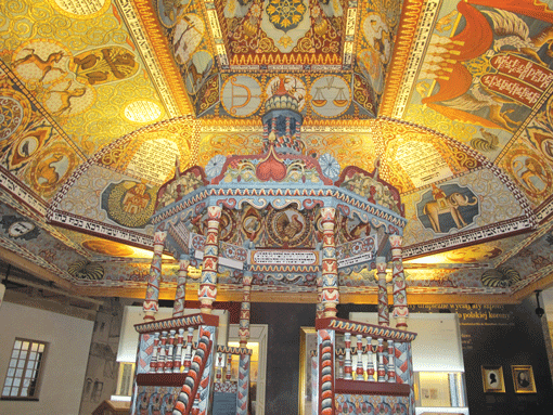 A view of the reconstructed painted ceiling of the wooden synagogue of Gwoździec, a key installation in the core exhibit of the POLIN Museum of the History of Polish Jews. (Photo: Ruth Ellen Gruber / JTA)
