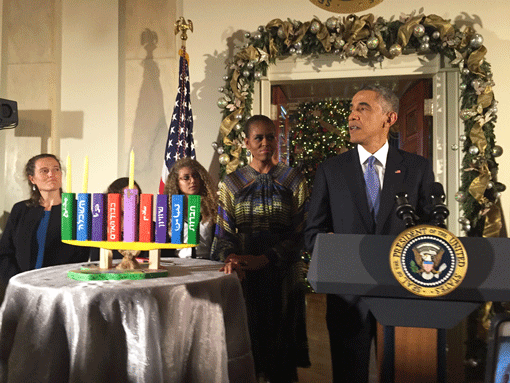 President Obama speaking at the first of two White House Hanukkah parties in Washington, Dec. 17, 2014. (Steve Sheffey)