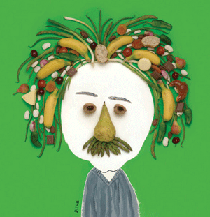 For Time Magazine, in 2006, Piven used fruit and vegetables to depict Albert Einstein.