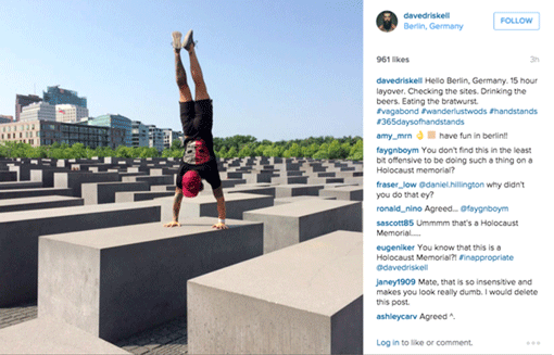 CrossFit coach Dave Driskell doing a handstand on the Memorial to the Murdered Jews of Europe in Berlin on Aug. 10. (Photo: Instagram, via Buzzfeed)