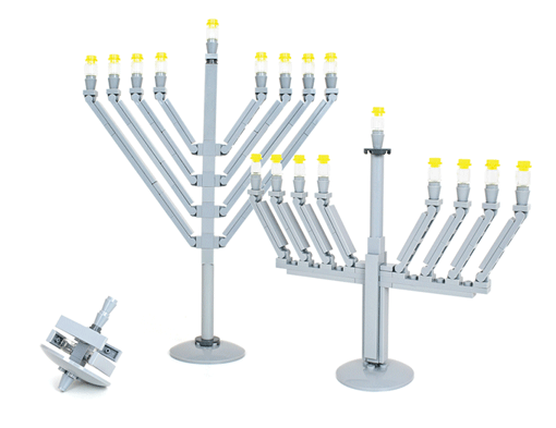 This popular three-in-one menora set includes 96 genuine Lego elements and color instructions for three models: two menoras and one dreidel.