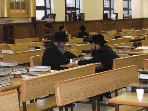 The beit midrash study hall in the Hasidic village of New Square, N.Y., is virtually empty on the afternoon of Christmas Eve, known as “Nittel Nacht.” (Photo: Uriel Heilman)