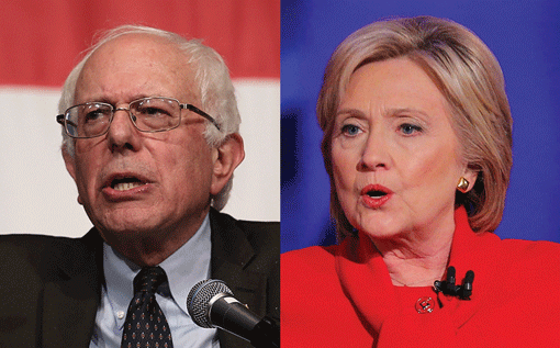 Sen. Bernie Sanders speaking at the Iowa Democratic Wing Ding in Clear Lake on Aug. 14, 2015 (Photo: Win McNamee / Getty Images); and Hillary Clinton participating in a town hall forum at Drake University in Des Moines on Jan. 25 (Photo: Justin Sullivan / Getty Images).