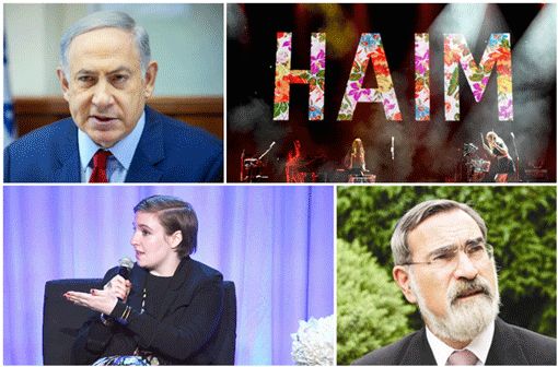 Big Jews on Twitter (clockwise, from top left): Benjamin Netanyahu, HAIM, Rabbi Jonathan Sacks and Lena Dunham. (Photo: Getty Images)