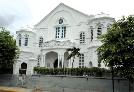 The United Congregation of Israelites is located at Duke and Charles streets, in the old downtown area of Kingston, Jamaica. (Photo: Brad Klein)