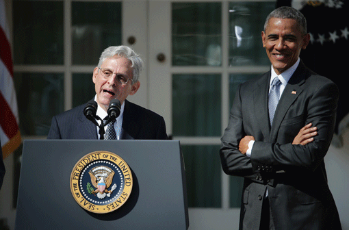 Judge Merrick Garland speaking after being nominated to the U.S. Supreme Court as President Barack Obama looks on in the Rose Garden of the White House on March 16. (Photo: Chip Somodevilla / Getty Images)