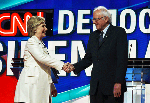 Democratic candidates Hillary Clinton and Bernie Sanders greet each other at the CNN Presidential Debate in Brooklyn, N.Y., April 14, 2016. (Photo: Jewel Samad/AFP/Getty Images)
