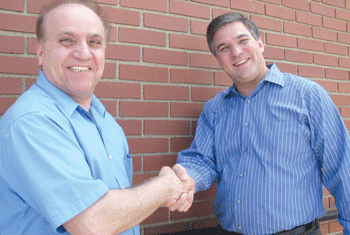 Adeel Saad (left), Bnai Emet Synagogue president, has forged a friendship with Mike Greenstein, president of Adath Jeshurun Congregation. (Photos: Mordecai Specktor)