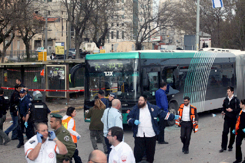 Emergency personnel respond to the scene of a bomb explosion Wednesday near a bus station in the center of Jerusalem. (Photo: Kobi Gideon/Flash90/JTA)
