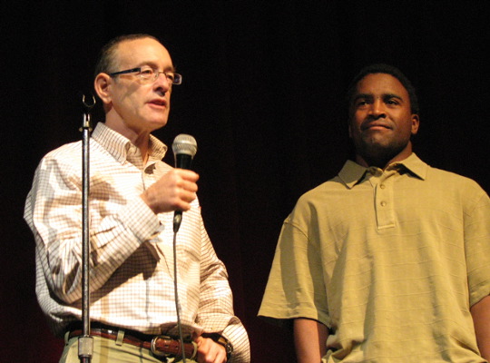 Dr. Rick Hodes (left) was joined by Taka Larson, a survivor of the 1994 Rwanda genocide, on Sunday at the Sabes JCC.