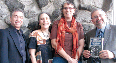 Congregation Darchei Noam, together with Sholom Hospice, Jewish Family and Children’s Service of Minneapolis (JFCS) and Beth El Synagogue, is hosting a monthly series on illness, loss and healing. Pictured above are (l to r): Jeff Sherman, Sholom’s community liaison; Judy Marcus, volunteer coordinator for Sholom Hospice and program coordinator for JFCS’ Twin Cities Jewish Healing Program; Judy Shapiro, president of Darchei Noam; and Rabbi Joseph Ozarowski, spiritual leader of Darchei Noam. Ozarowski is holding a copy of his book, To Walk in God’s Ways: Perspectives on Illness, Loss and Healing, which was an inspiration for the series. (Photo: Mordecai Specktor)