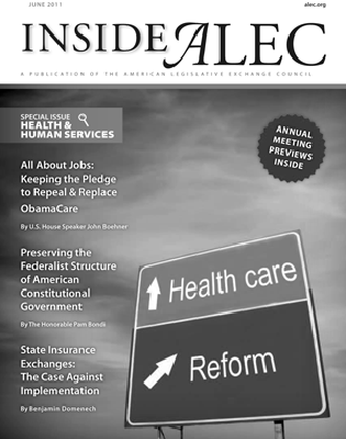 The June edition of Inside ALEC, the magazine of the American Legislative Exchange Council, which has been introducing pro-business legislation across the country, is about health and human services. The lead story, about repealing “ObamaCare,” is by House Speaker John Boehner.