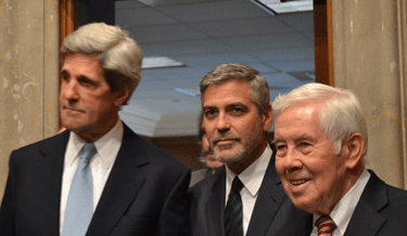 Sen. Richard Lugar, right, accompanies actor George Clooney (center) with Sen. John Kerry for Clooneys testimonial on Sudan issues on March 14 in Washington, D.C. Lugars defeat in a primary election has pro-Israel activists worried about bipartisanship in Congress. (Photo: Medill DC via Creative Commons)