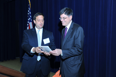 At the Orthodox Union’s June 2011 leadership mission to Washington, OU Washington director Nathan Diament (left) presents Jack Lew with a token of appreciation after Lew, then the Obama administrations budget director, addressed the OU’s leaders at the White House. (Photo: Courtesy of the Orthodox Union)