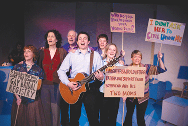 Minnesota Jewish Theatre Company’s production of My Mother’s Lesbian Jewish Wiccan Wedding features (l to r): Tinia Moulder, Laura B. Adams, David Coral, Matt Rein, Bryan Porter, Jane Froiland and Bonni Allen. (Photo: Sarah Whiting)