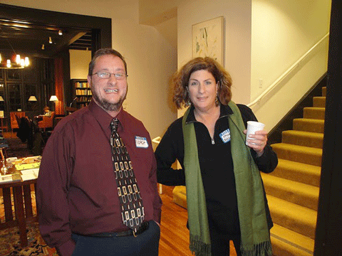 Transgender activist Noach Dzmura (left) celebrates his book launch on Dec. 2, 2010, in Berkeley, Calif., with Heidi Feldman, of the Richard S. Dinner Center for Jewish Studies. (Photo: Courtesy of Noach Dzmura)