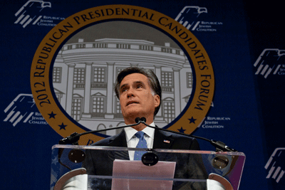 Mitt Romney speaks to the Republican Jewish Coalition presidential candidates forum on Dec. 7. (Photo: Courtesy of the Republican Jewish Coalition)