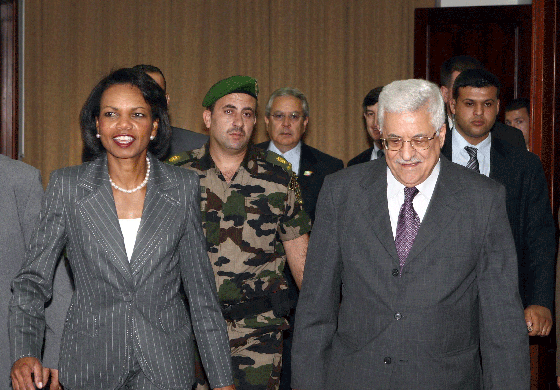 Then U.S. Secretary of State Condoleezza Rice is shown with Palestinian Authority President Mahmoud Abbas in August 2008. (Photo: Omar Rashidi/PPO/BPH Images)