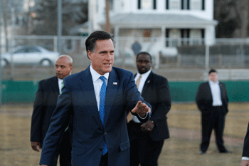 The campaign for Mitt Romney, shown greeting the crowd in suburban Boston on March 6, is emphasizing his friendship with Israeli leader Benjamin Netanyahu and his tough posture on Iran in distinguishing itself from President Obama. (Photo: Dana Hansen/ Boston University News Service via CreativeCommons)