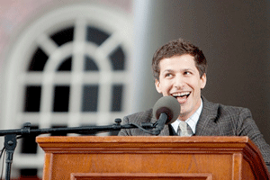 Andy Samberg speaking at the Harvard University Class Day ceremony, on May 23. (Photo: Courtesy of Harvard University)