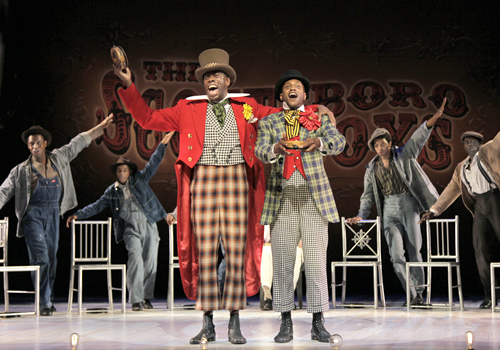 Colman Domingo (Mr. Bones) and Forrest McClendon (Mr. Tambo) in The Scottsboro Boys, the new Kander and Ebb musical, directed and choreographed by Susan Stroman, now running on the McGuire Proscenium Stage of the Guthrie Theater. (Photo: Paul Kolnik)