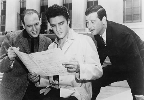 Mike Stoller, Elvis Presley and Jerry Leiber at MGM Studios in 1957.