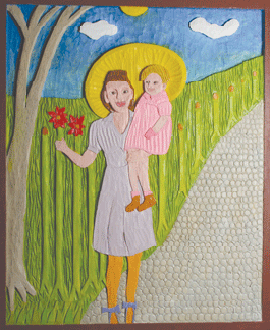 One of Savel’s woodcarvings memorializes Tauba amd Eliane Schwirtz, a mother and child who were deported from France to Auschwitz, in 1942, and murdered.