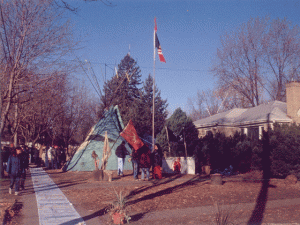 An encampment with a teepee and tents sprang up on Riverview Road in 1998. (Photo: Courtesy of Oak Folk Films)