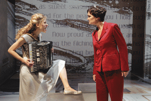 Valeri Mudek (left) portrays a popular American entertainer and Kate Eifrig is Geraldine, Queen of Albania, in Flip Flop Fly! The playlet is part of Tiny Kushner: An Evening of Short Plays, by Tony Kushner, in the Dowling Studio at the Guthrie Theater. (Photo: Michal Daniel)